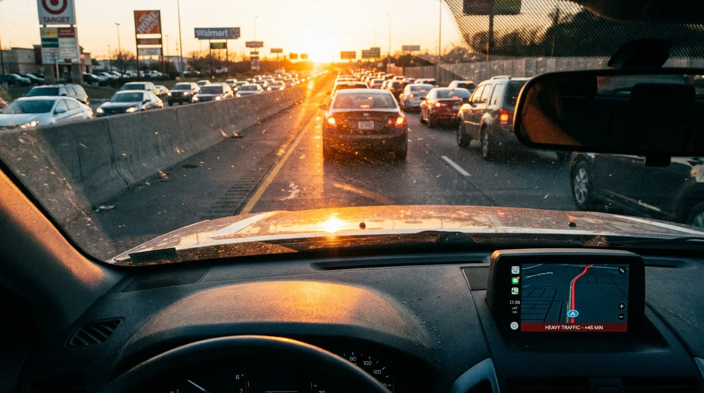 A view from inside a car stuck in heavy suburban traffic, highlighting the lack of walkable infrastructure.