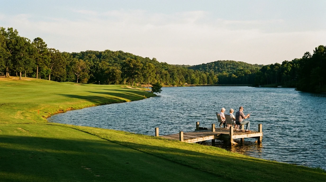 A view of a lake and golf course in Bella Vista, Arkansas, with the Ozark Mountains in the background.