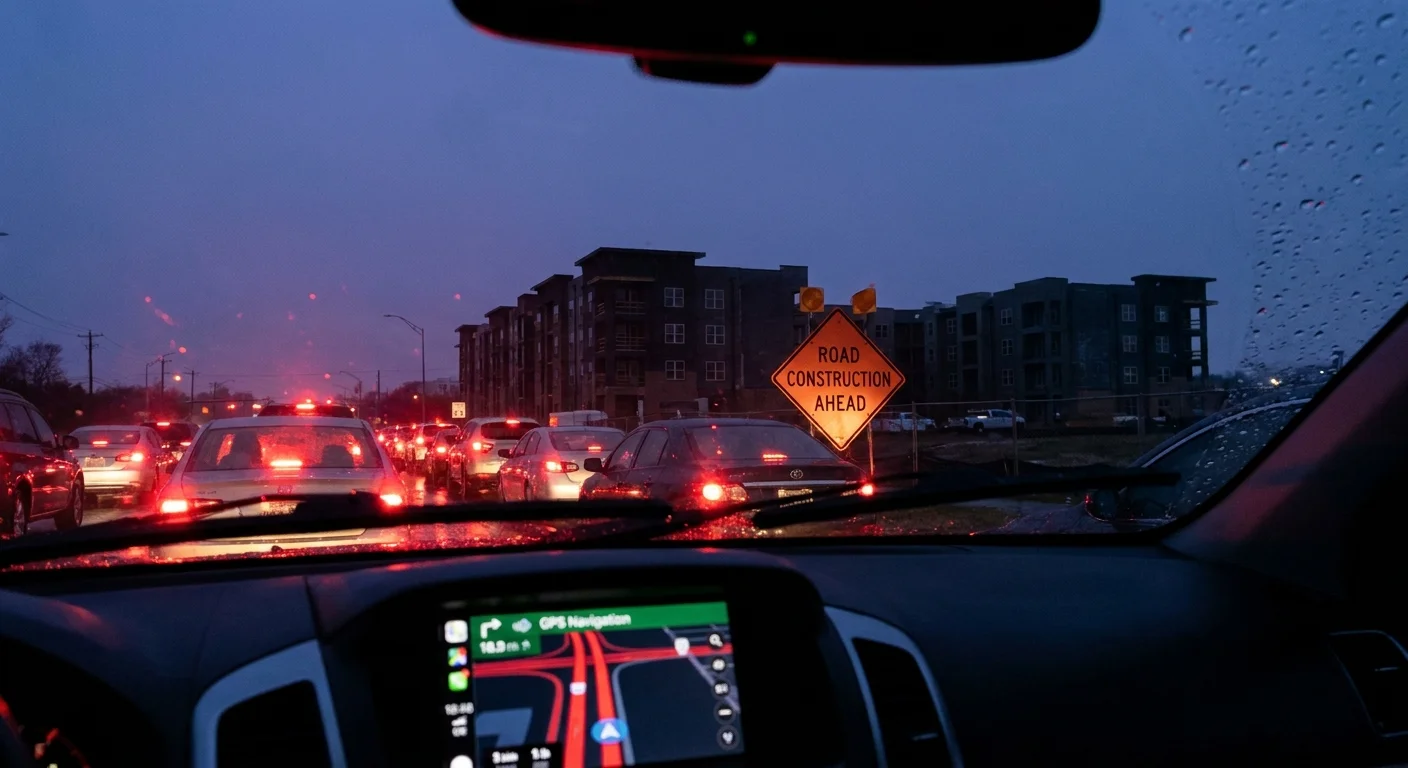 A view through a car windshield of heavy traffic and road construction signs in a developing North Carolina suburb.