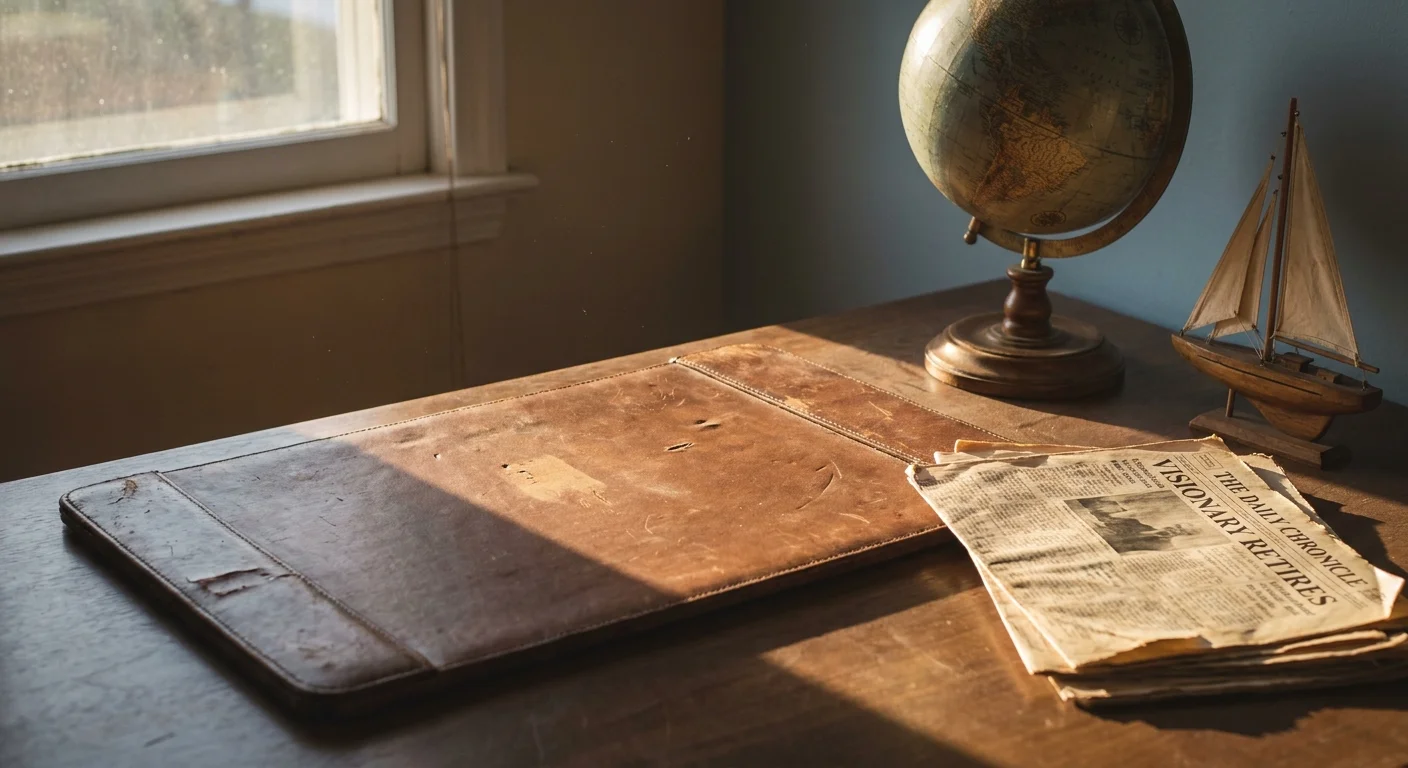 A vintage globe and model sailboat on a leather desk blotter, illuminated by window light.