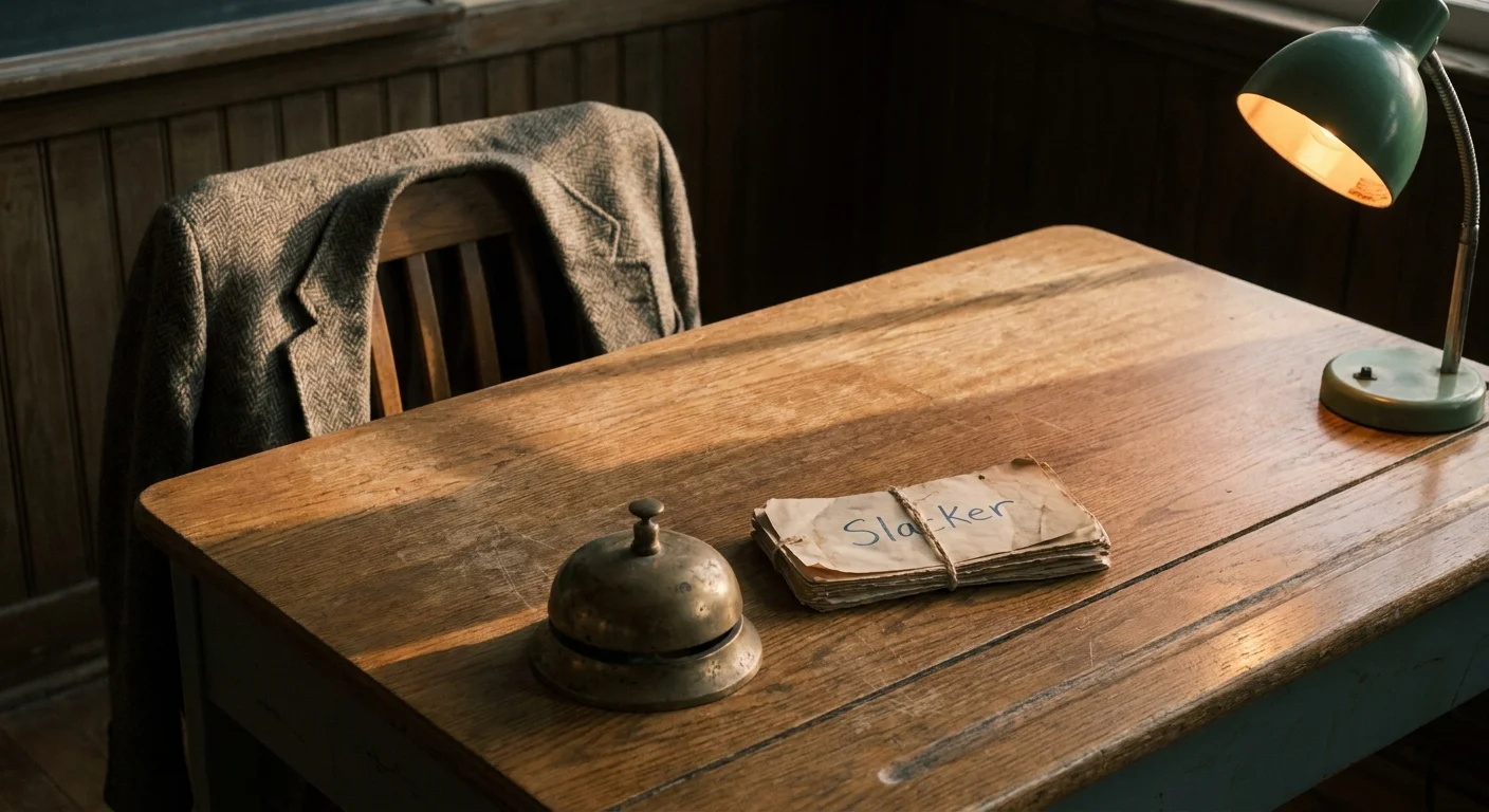 A vintage school desk with a brass bell and a note that says 'Slacker' in a moody setting.