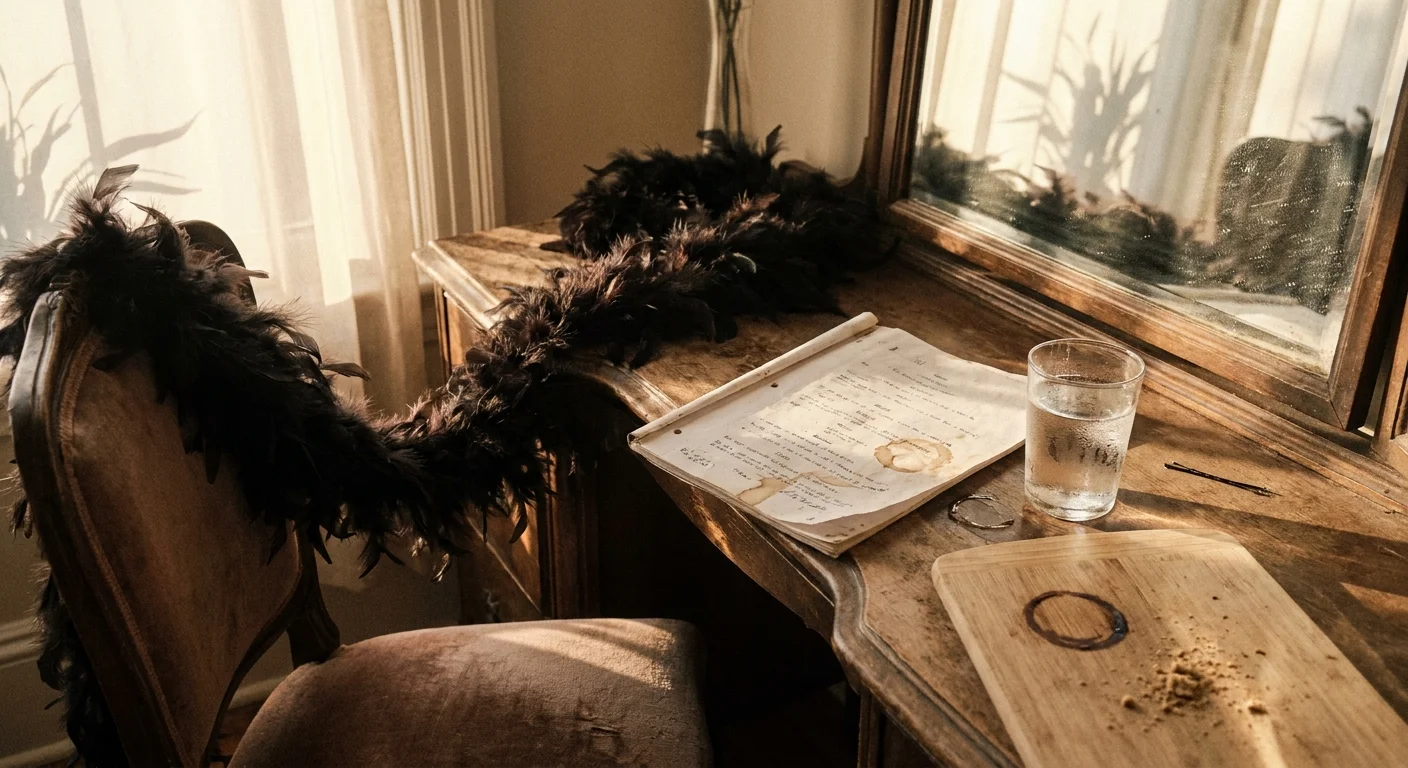 A vintage vanity table with a script, a feathered boa, and a glass of water in soft light.