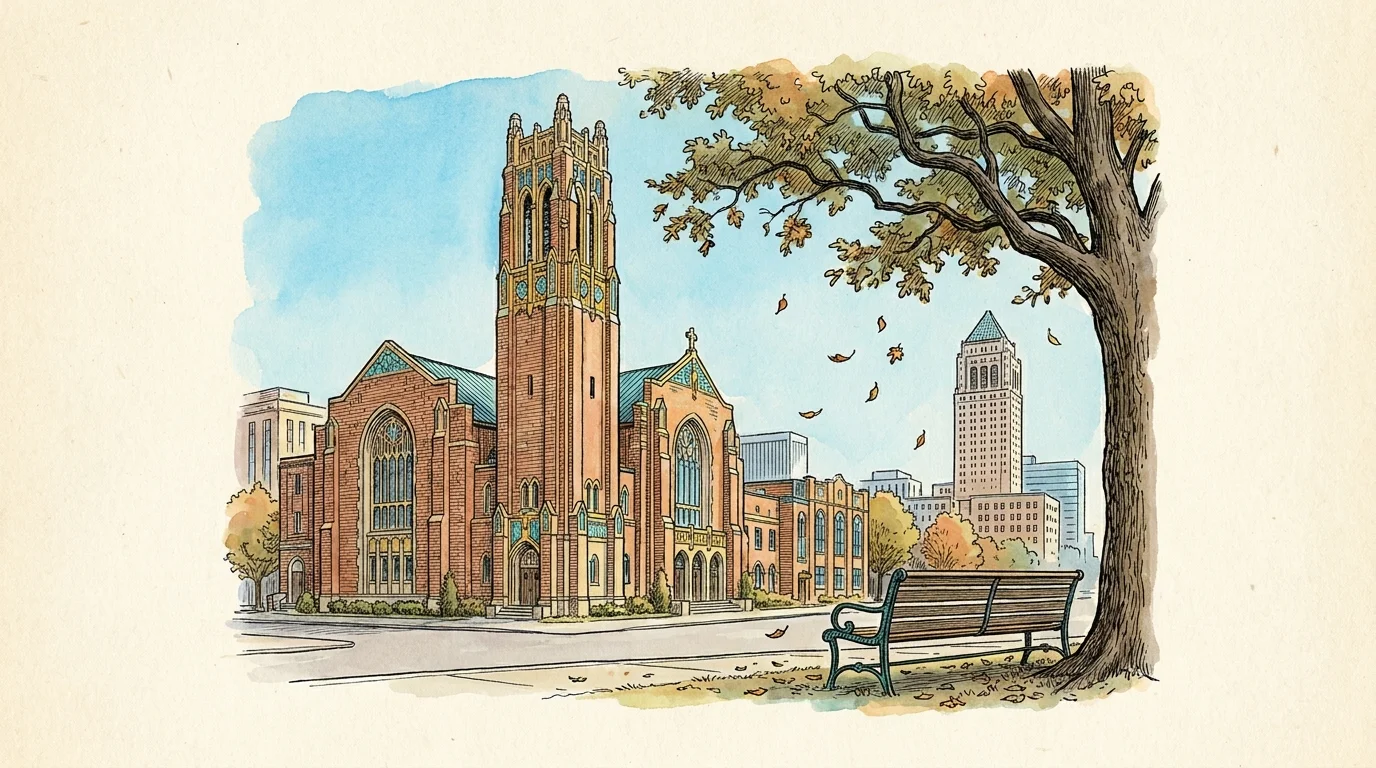 A watercolor and ink illustration of Tulsa's Art Deco architecture and a peaceful city park.