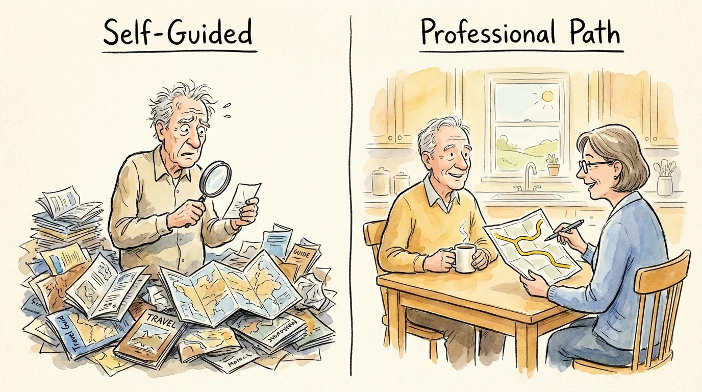 A watercolor illustration of a man choosing between a wall of confusing maps and a clear roadmap.
