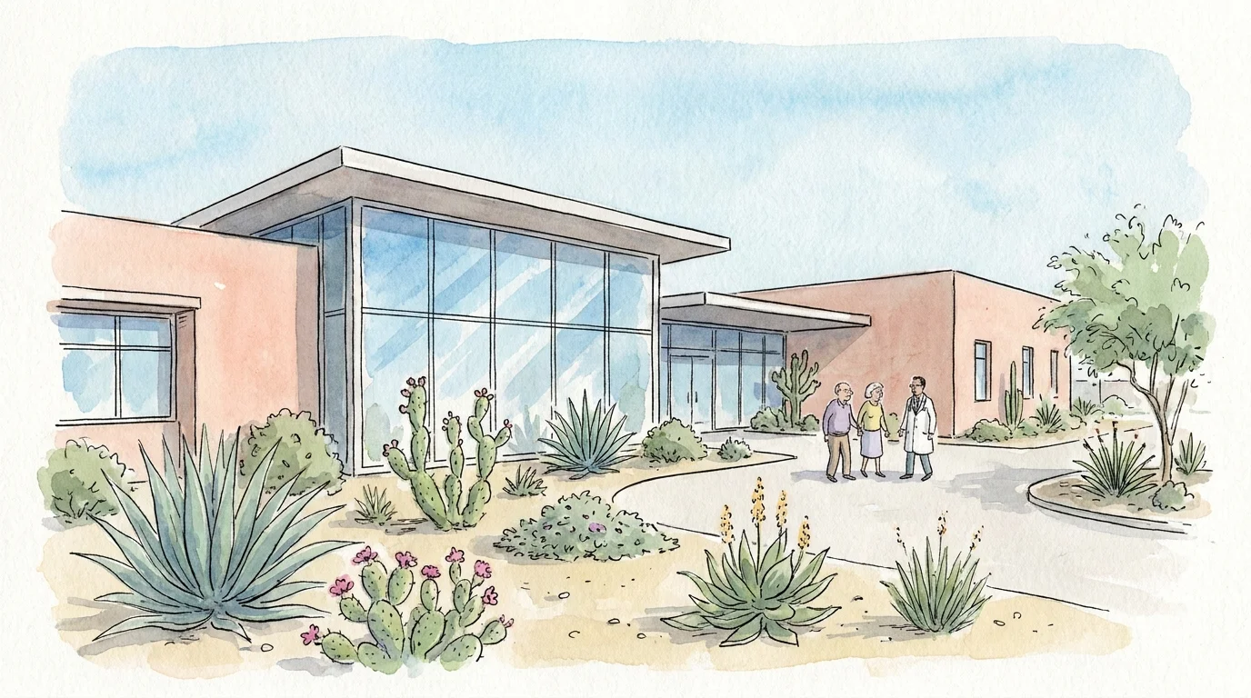 A watercolor illustration of a modern, desert-style healthcare facility with clean architecture and professional landscaping.