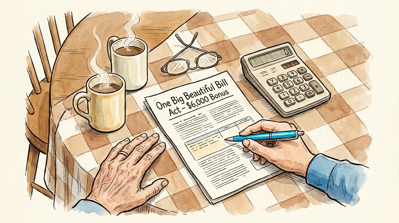 A watercolor illustration of a professional pointing at tax documents on a kitchen table during a meeting with a retiree.