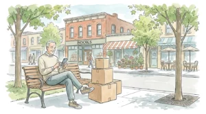 A watercolor illustration of a retired man sitting on a park bench in a charming, walkable small city with moving boxes nearby.