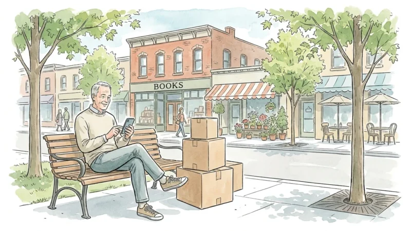 A watercolor illustration of a retired man sitting on a park bench in a charming, walkable small city with moving boxes nearby.