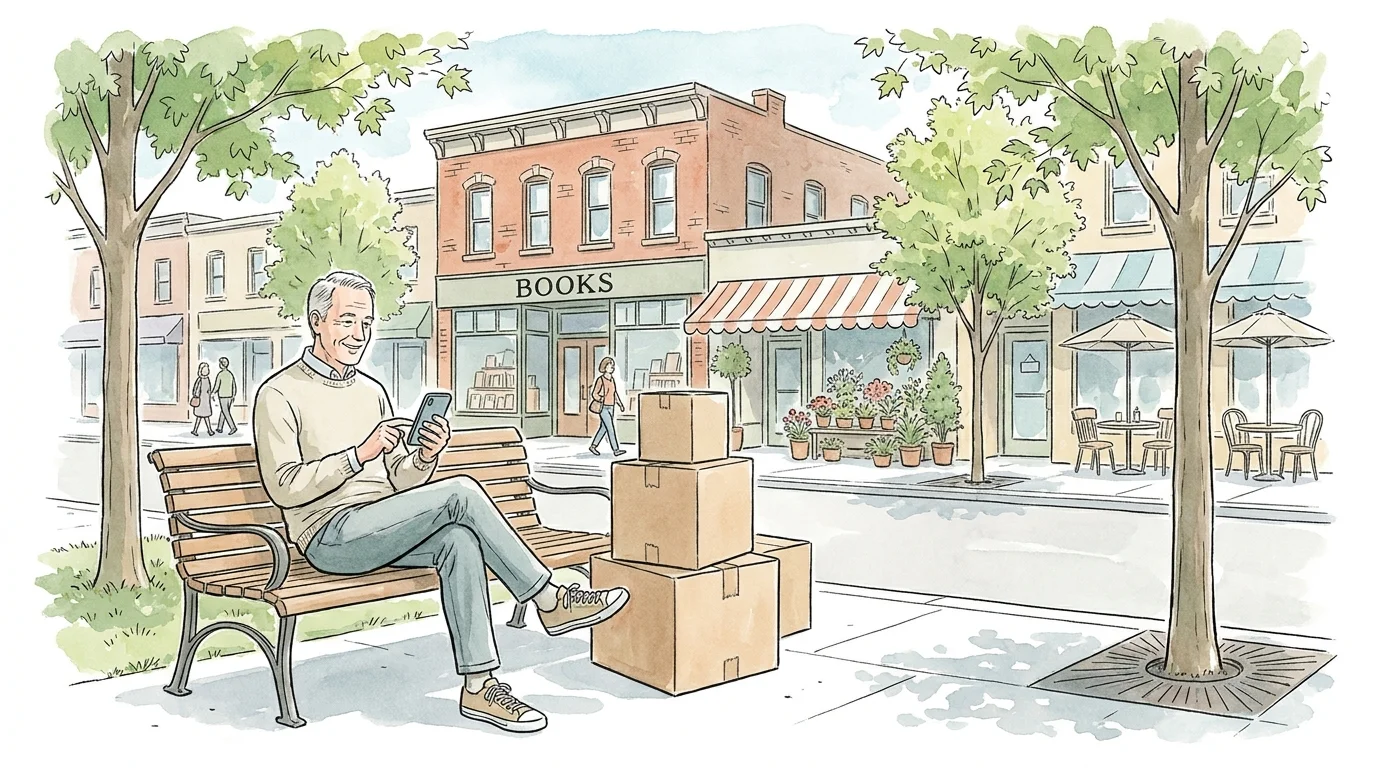 A watercolor illustration of a retired man sitting on a park bench in a charming, walkable small city with moving boxes nearby.