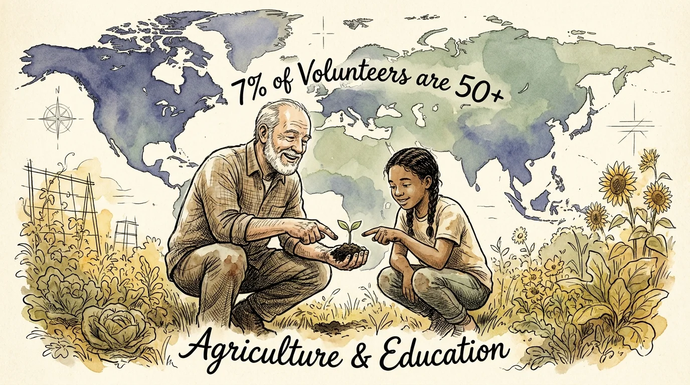 A watercolor illustration of a retired volunteer working in a community garden, with a world map background.