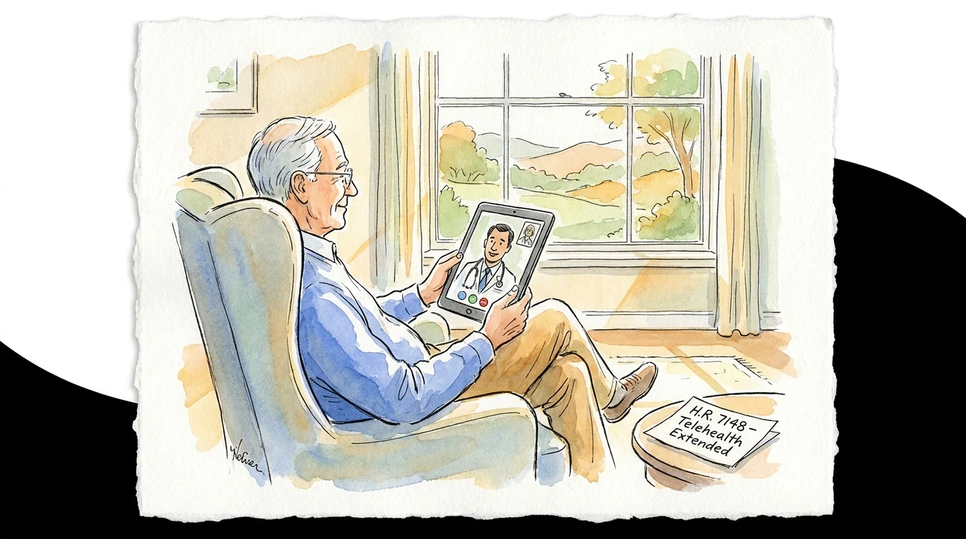 A watercolor illustration of a retiree having a telehealth appointment on a tablet in their rural home.