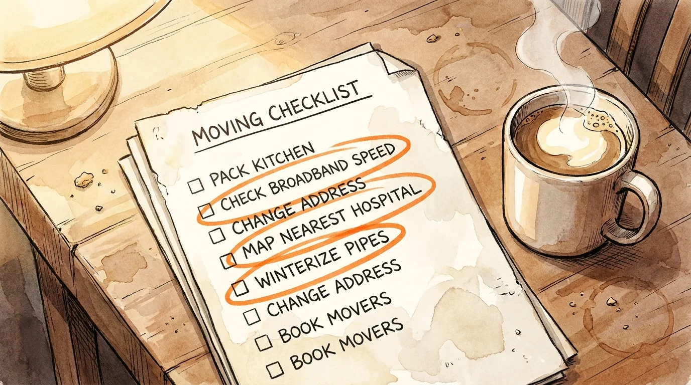 A watercolor illustration of a retirement moving checklist with important reminders for small-town living.
