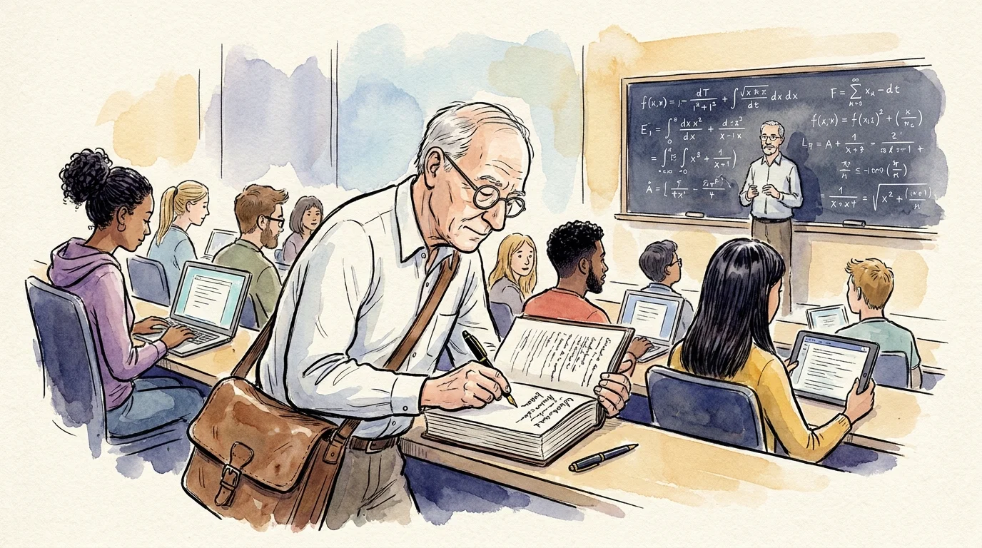 A watercolor illustration of an older man sitting in a university classroom, taking notes among younger students.