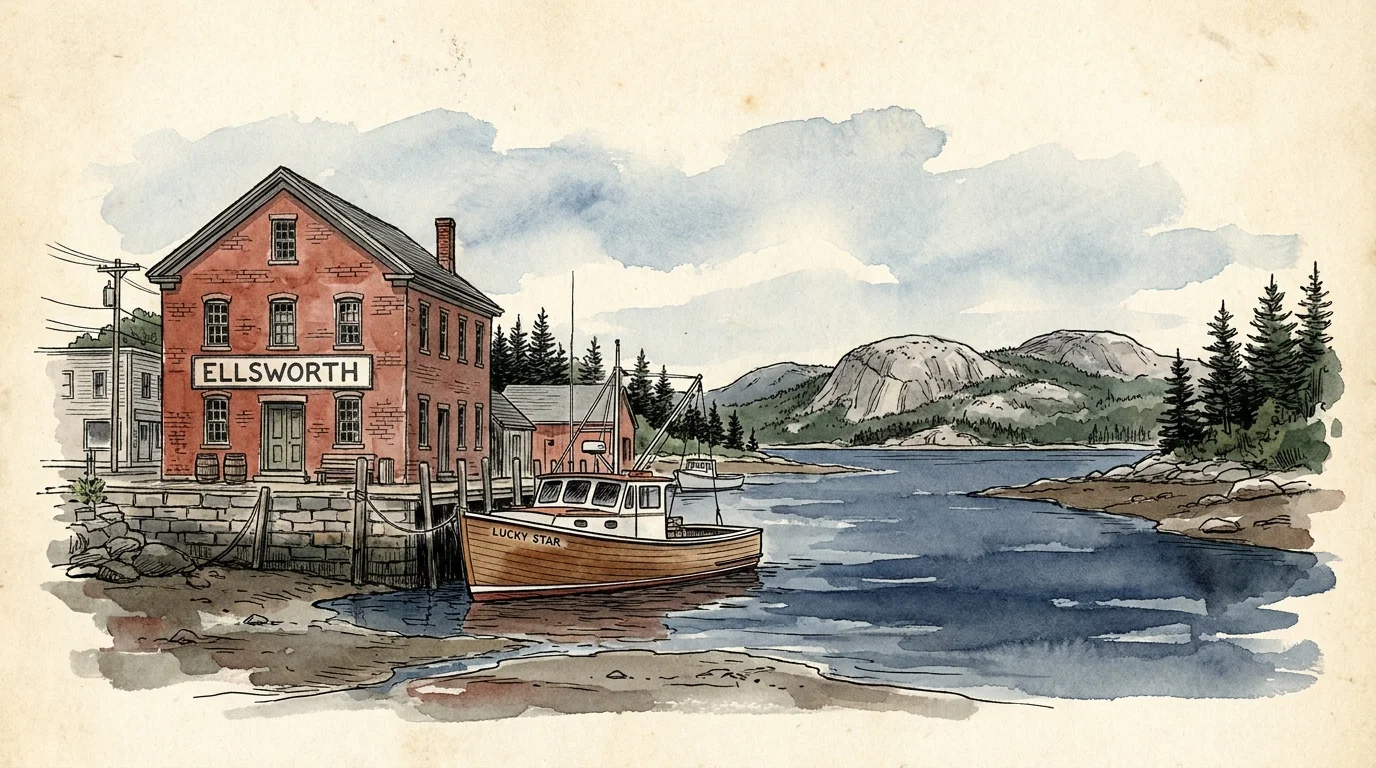 A watercolor illustration of Ellsworth, Maine, showing historic brick buildings and the granite hills of Acadia.
