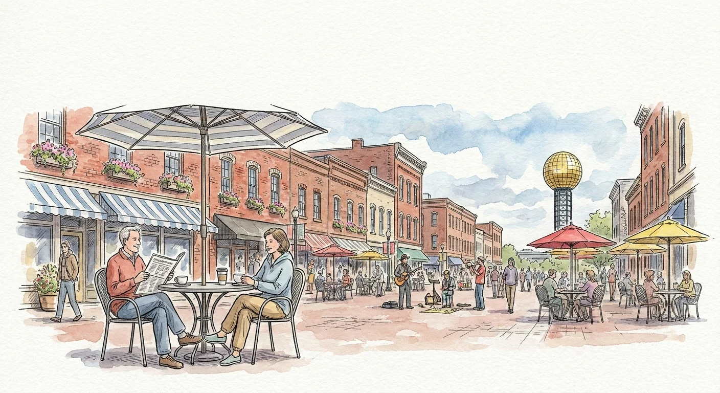 A watercolor illustration of Knoxville's Market Square featuring outdoor cafes and the Sunsphere in the background.