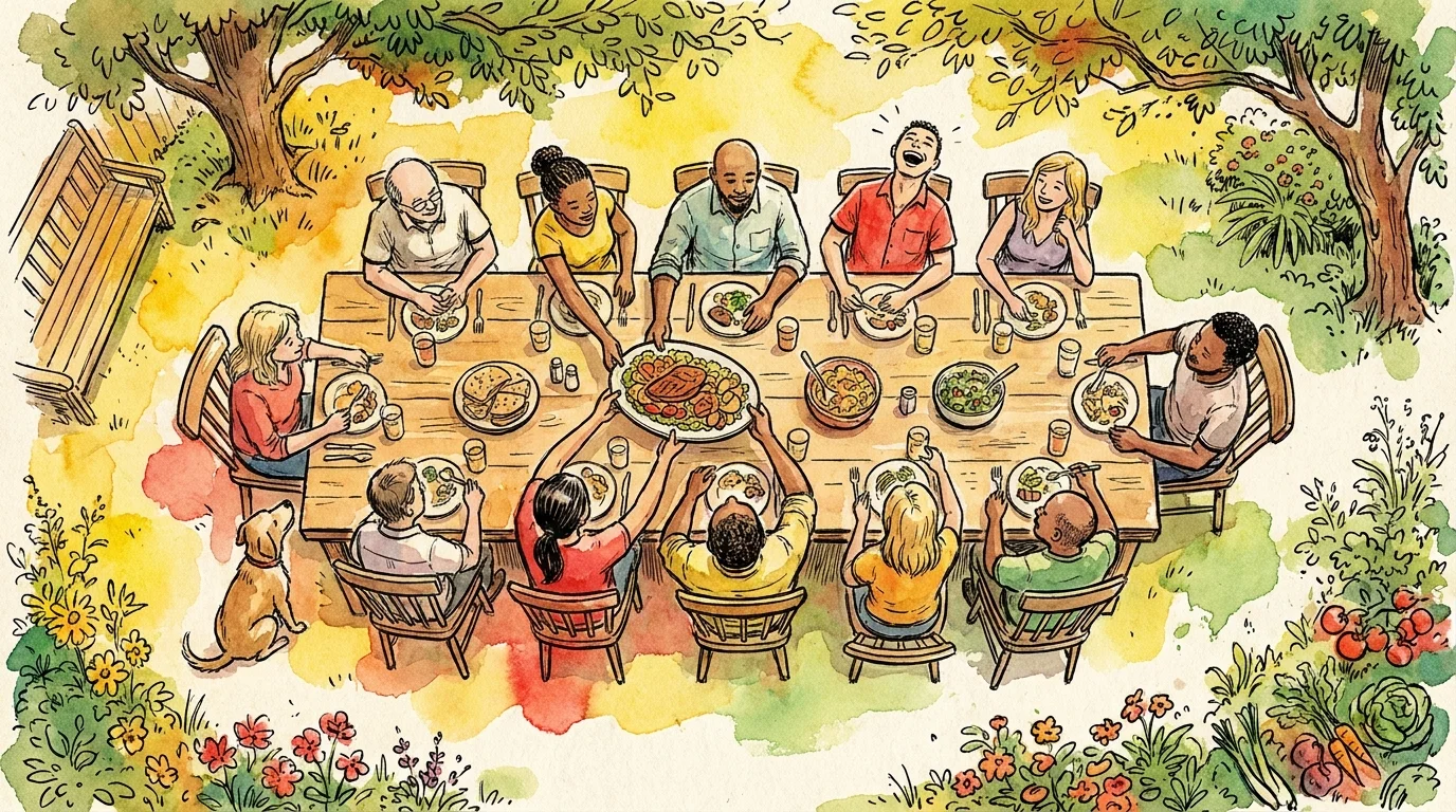 A watercolor illustration of neighbors sharing a meal at a long table in a rural backyard.