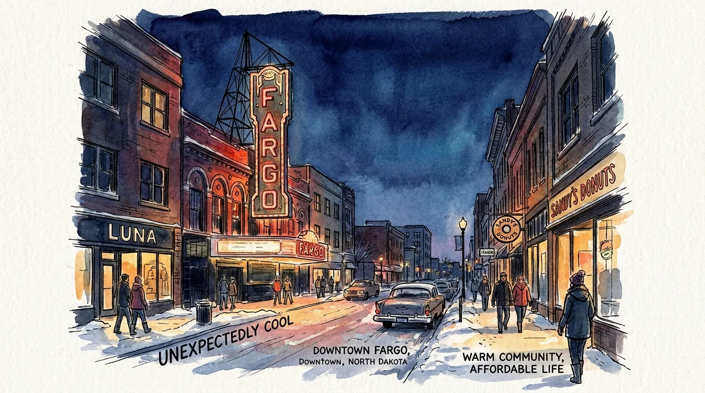 A watercolor illustration of the iconic Fargo Theatre neon sign at dusk with a light dusting of snow on the street.