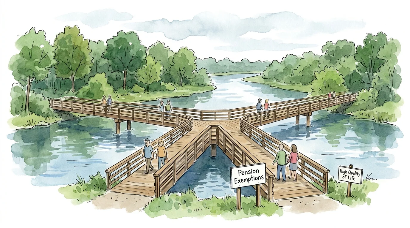 A watercolor illustration of the three-way pedestrian bridge known as The Tridge in Midland, Michigan.