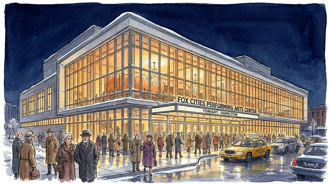 A watercolor painting of a performing arts center in Appleton, Wisconsin, with people entering for an evening show.