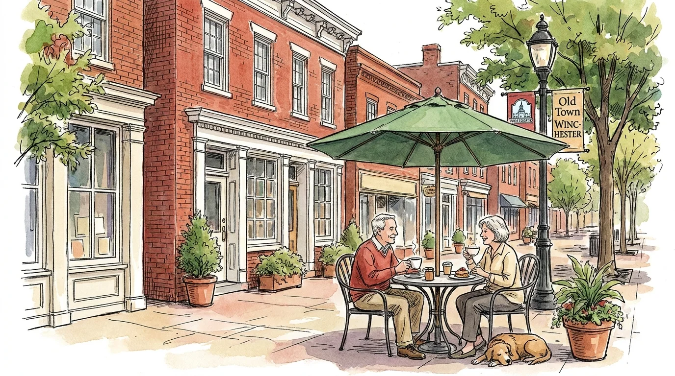 A watercolor painting of the pedestrian mall in Winchester, Virginia, featuring historic brick buildings and outdoor cafes.