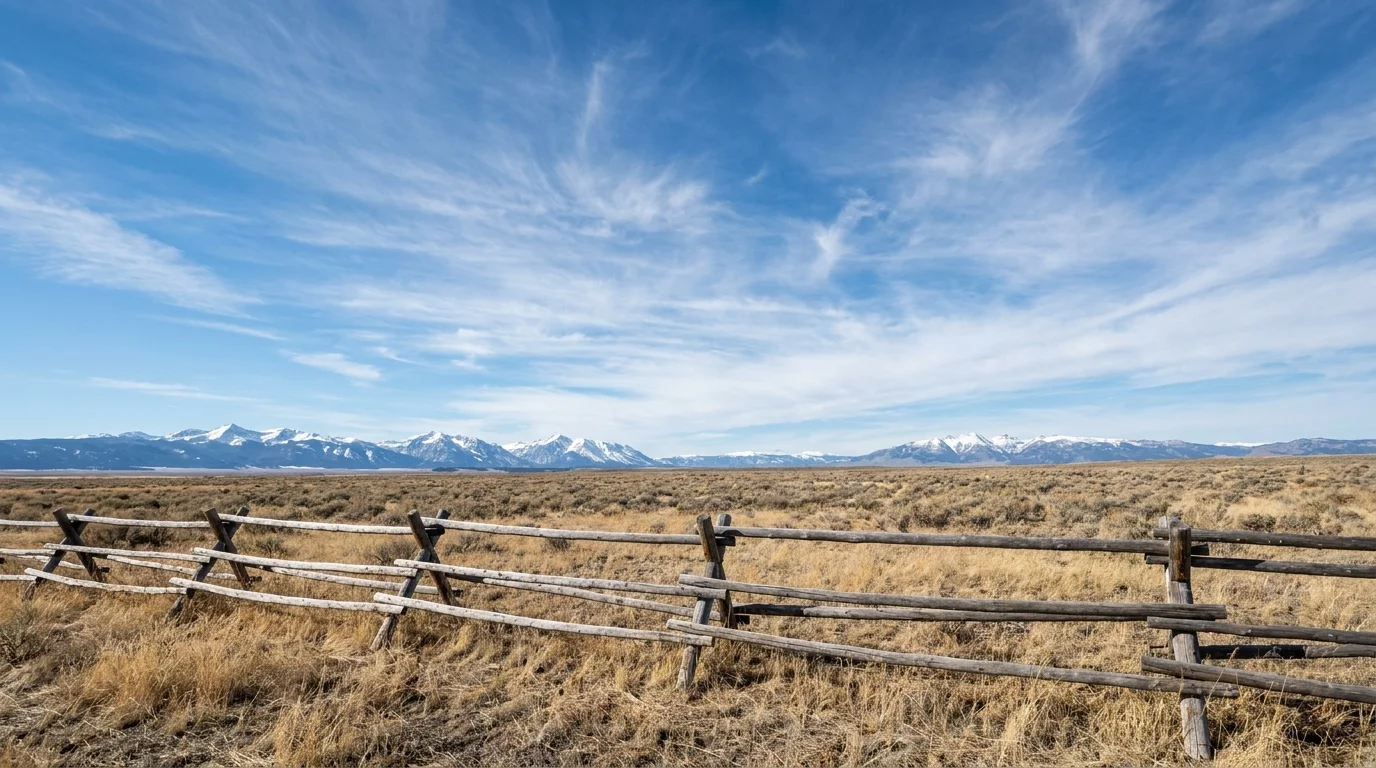 A wide-angle landscape of Wyoming with a wooden fence in the foreground and snow-capped mountains in the distance.
