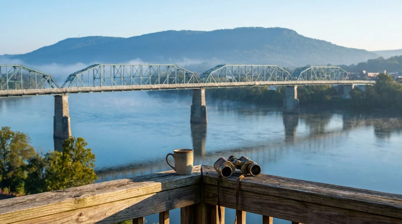 A wide view of the Tennessee River and Lookout Mountain in Chattanooga, seen from a high balcony.