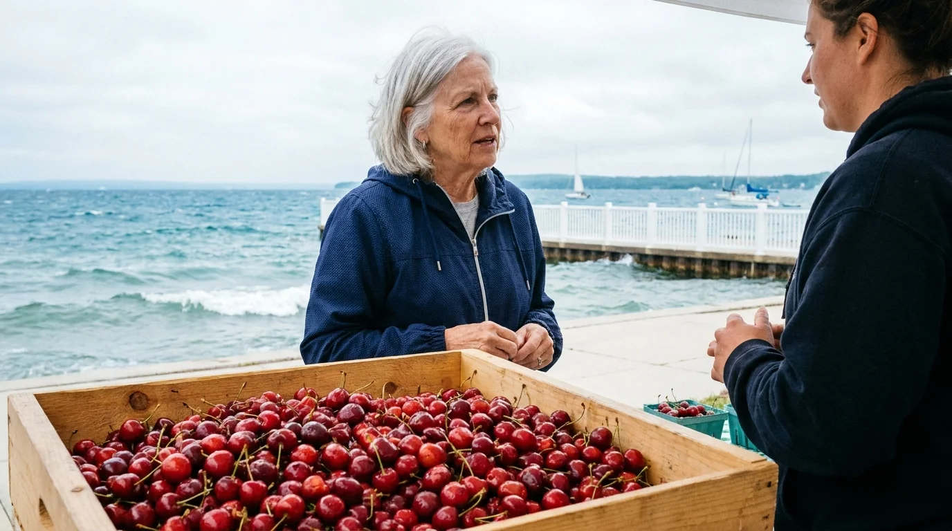 A woman buys fresh cherries at a farm stand overlooking the blue waters of Grand Traverse Bay in Michigan.