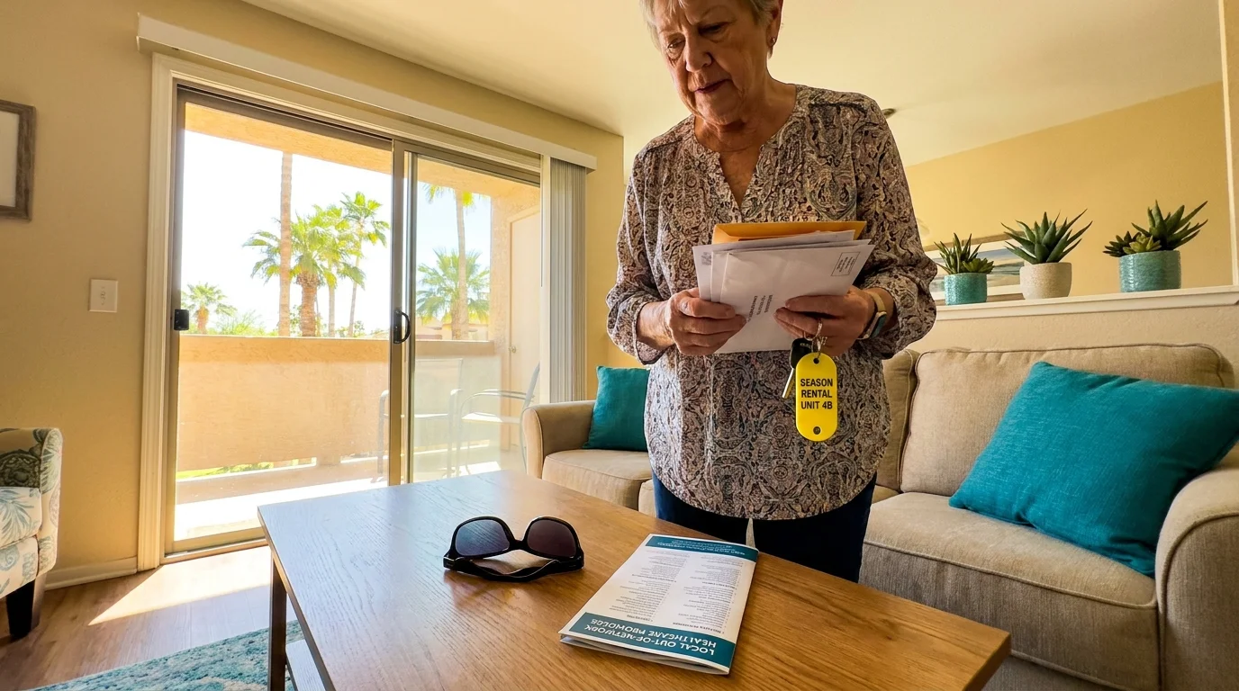 A woman in a sunlit rental apartment holding seasonal mail and rental keys, illustrating a snowbird trial run.