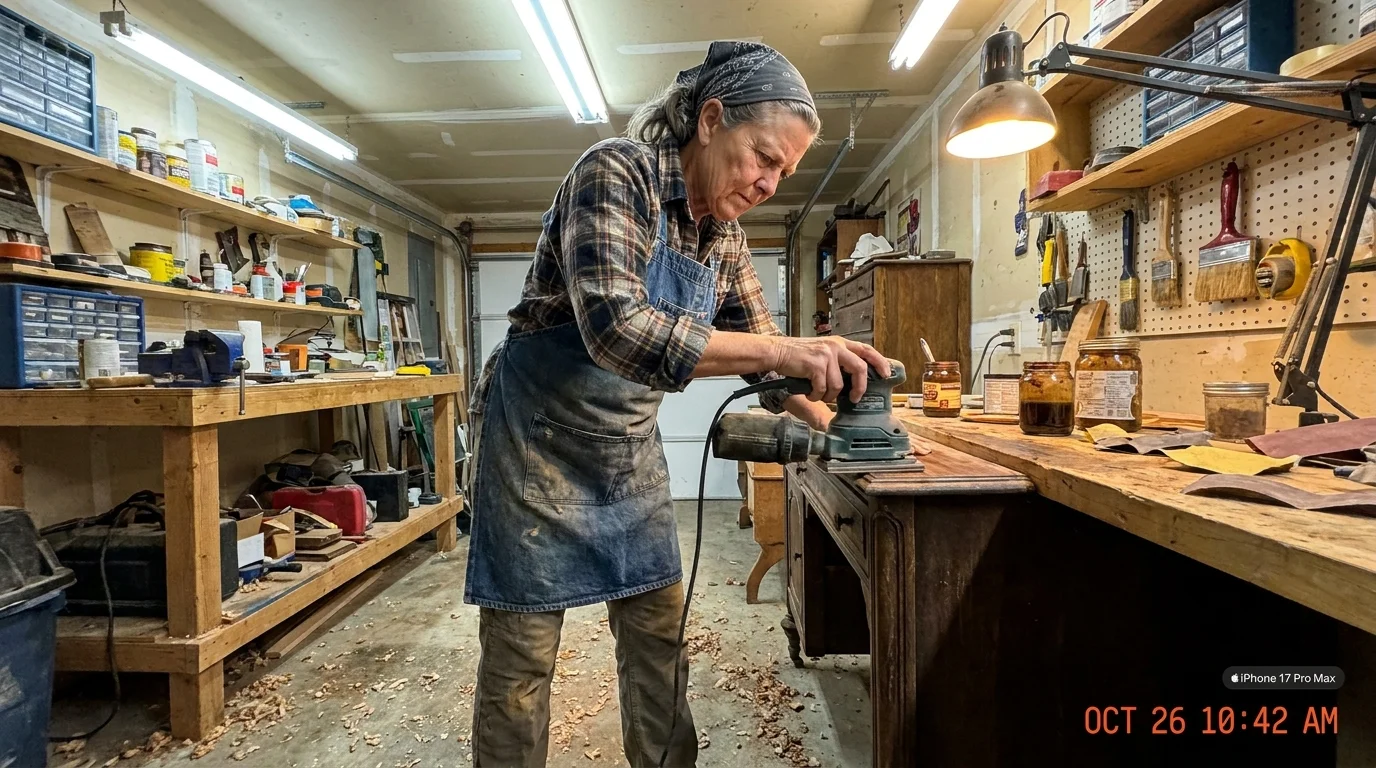 A woman in her 60s working in a home workshop, focused on sanding a piece of vintage furniture.