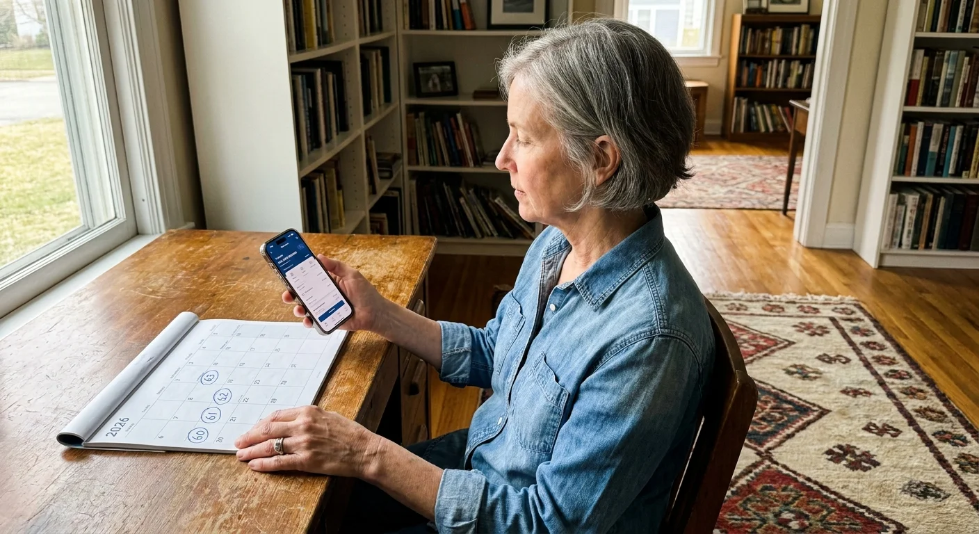 A woman in her early 60s looks at her phone in a home office with a calendar highlighting ages 60 through 63.