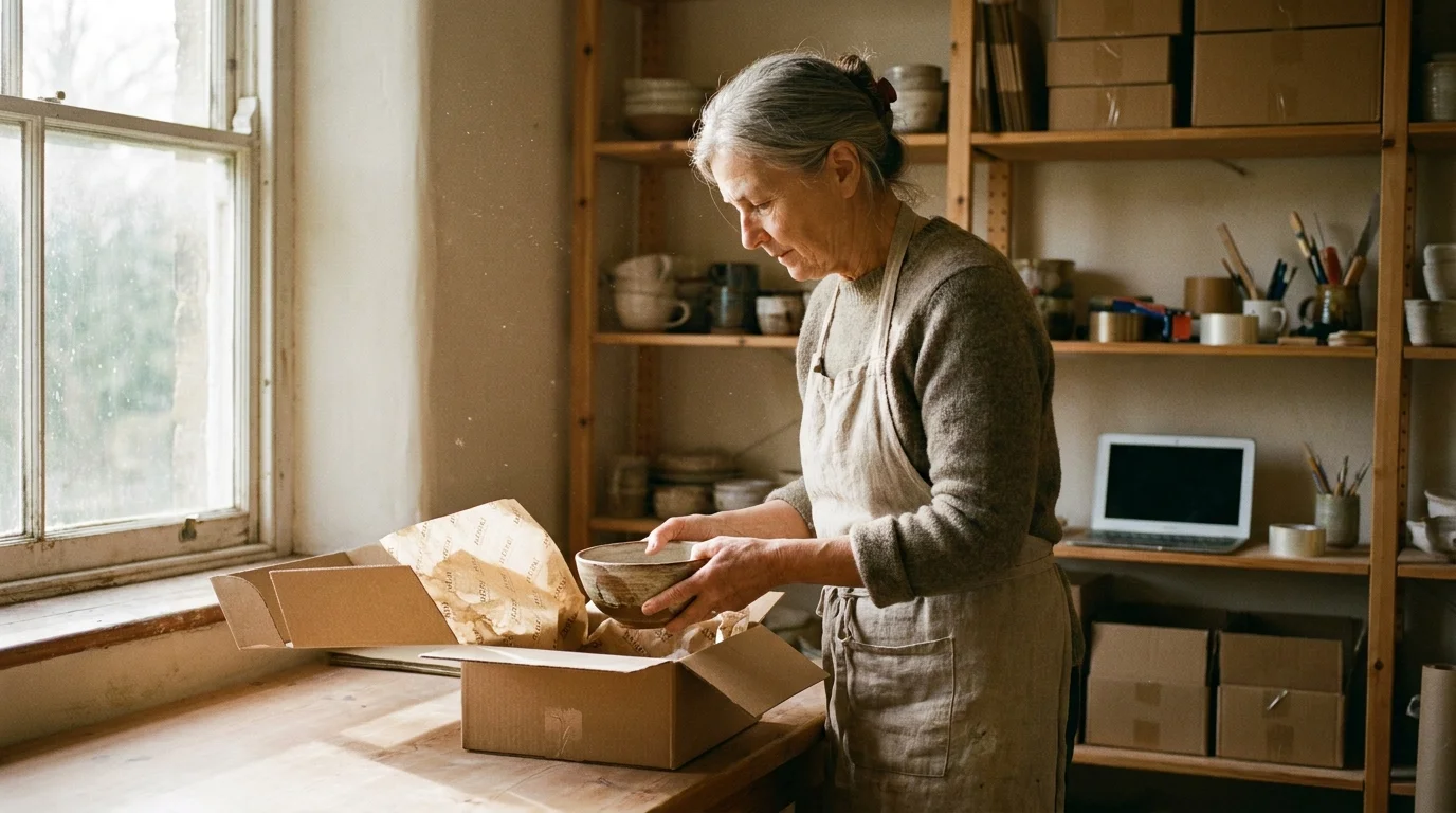 A woman in her late 60s packaging handmade pottery in a sunlit home studio, representing retirement entrepreneurship.