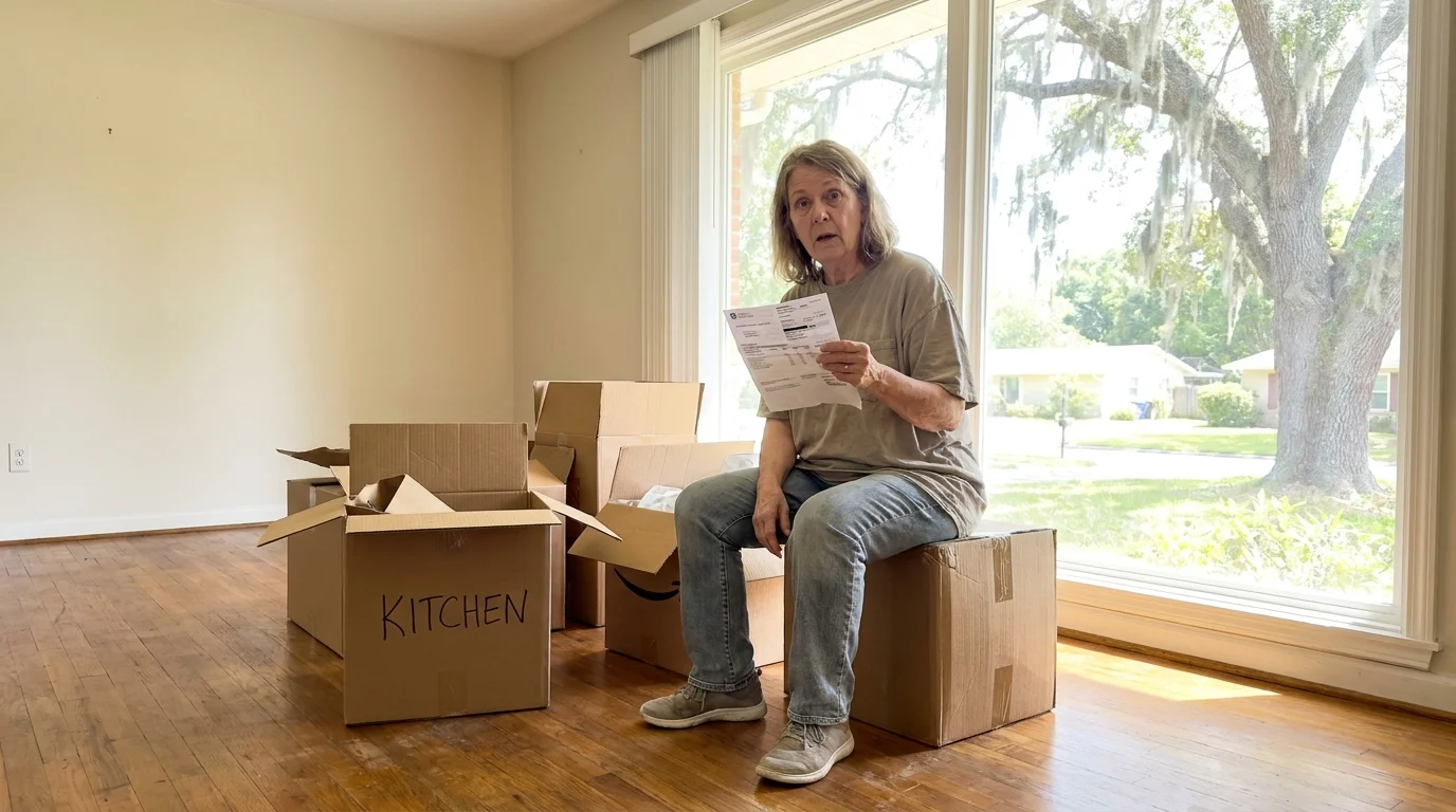 A woman sitting on a moving box in an empty house, looking surprised by a utility bill in her hand.