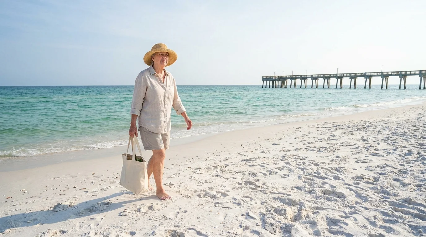 A woman walking on the white sand beach of Pensacola, Florida, carrying groceries under a bright sun.