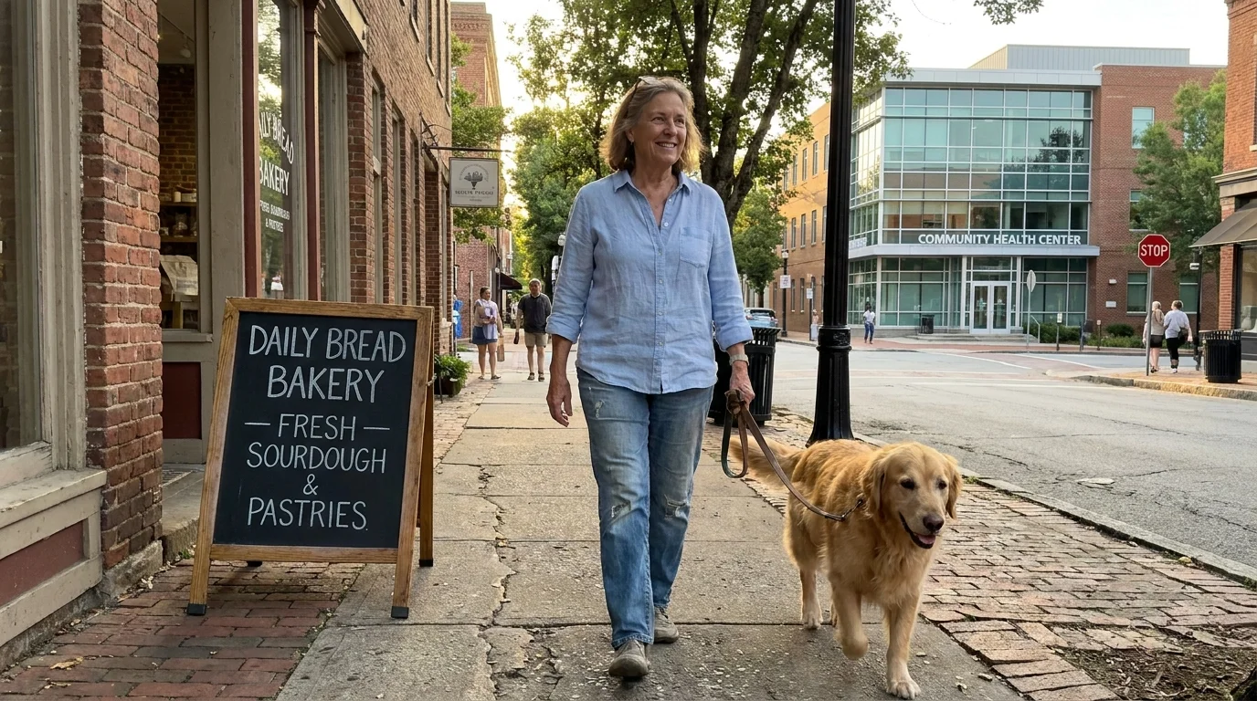 A woman walks her dog on a charming downtown street with shops and a medical building in the background.