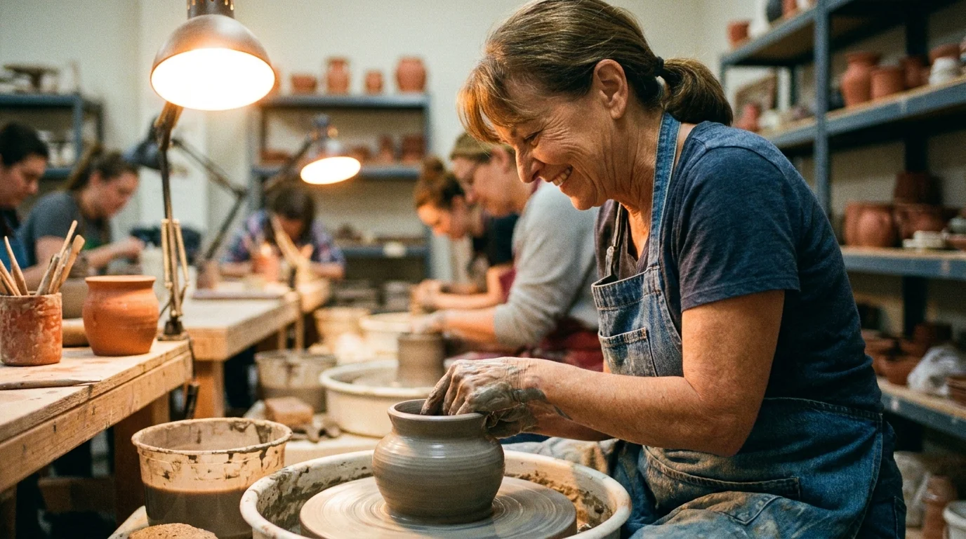 A woman with clay-covered hands working at a pottery wheel in a sunny studio, representing social independence.