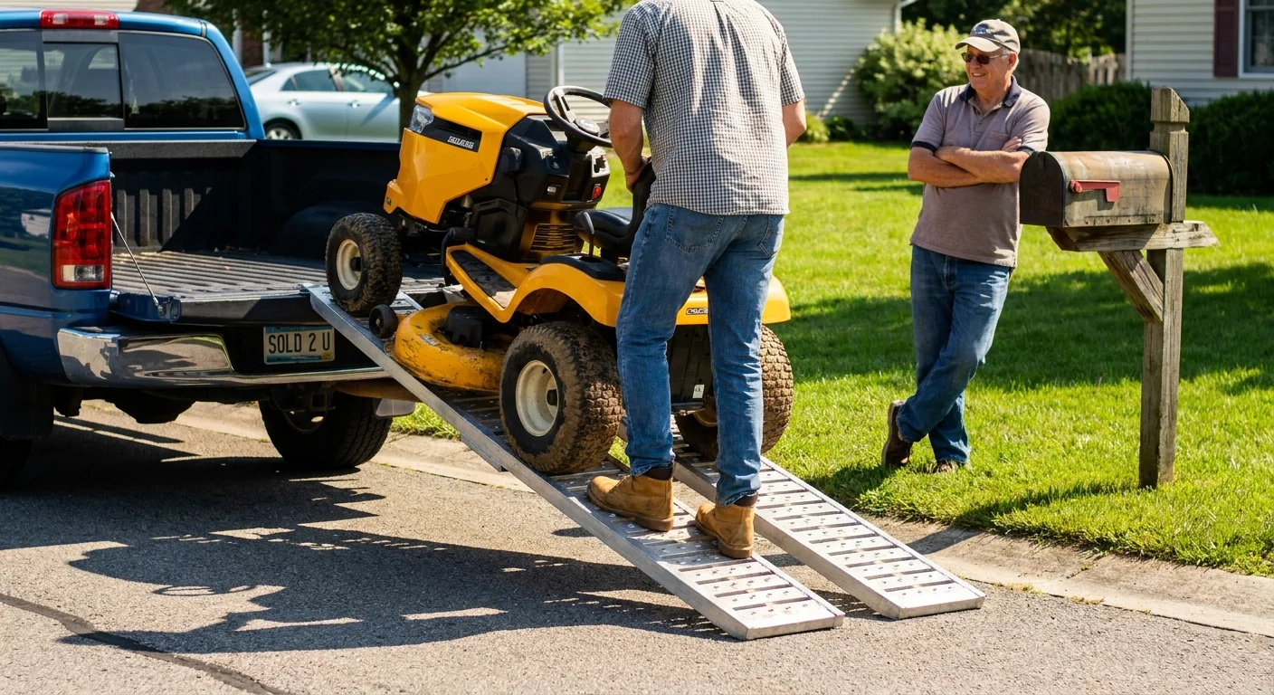 A yellow riding lawn mower being loaded onto a pickup truck in a suburban driveway.