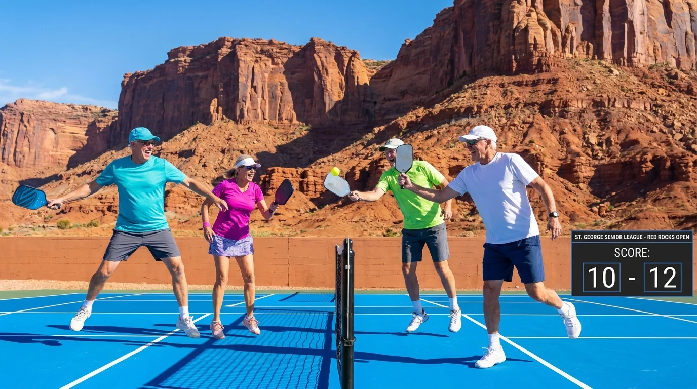 Active seniors playing pickleball on a blue court against a backdrop of massive red rock cliffs in St. George, Utah.