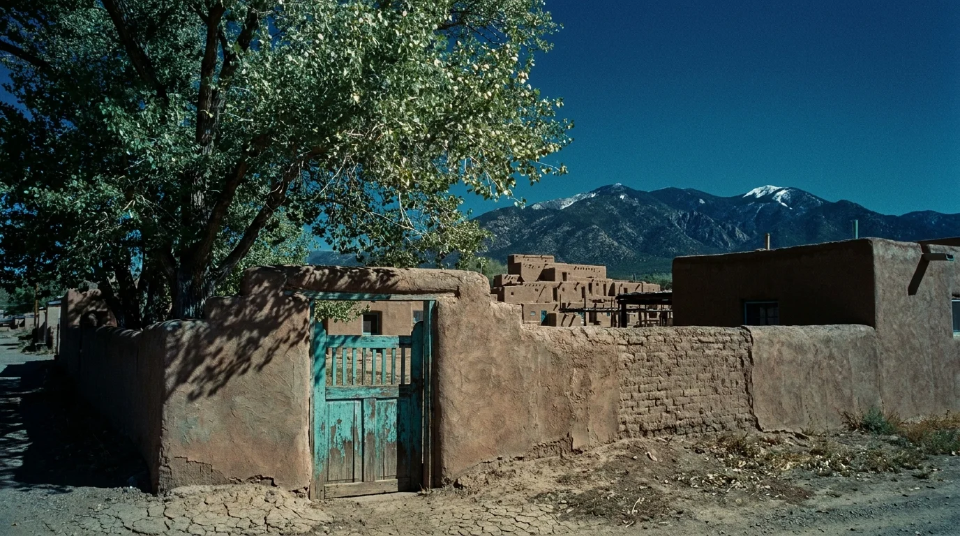 Adobe architecture and a turquoise gate in Taos, New Mexico, with the high peaks of the Sangre de Cristo Mountains behind.