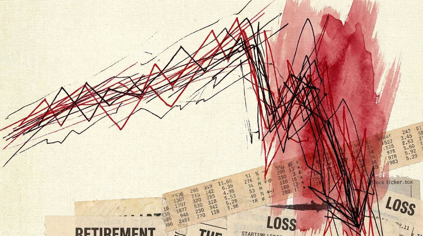 An abstract graph in ink and watercolor showing a sharp market downturn at the beginning of a retirement timeline.