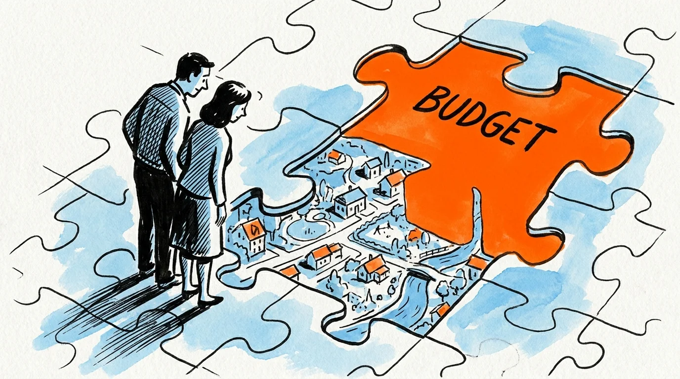 An abstract illustration of a couple standing on a puzzle missing a piece labeled 'Budget'.