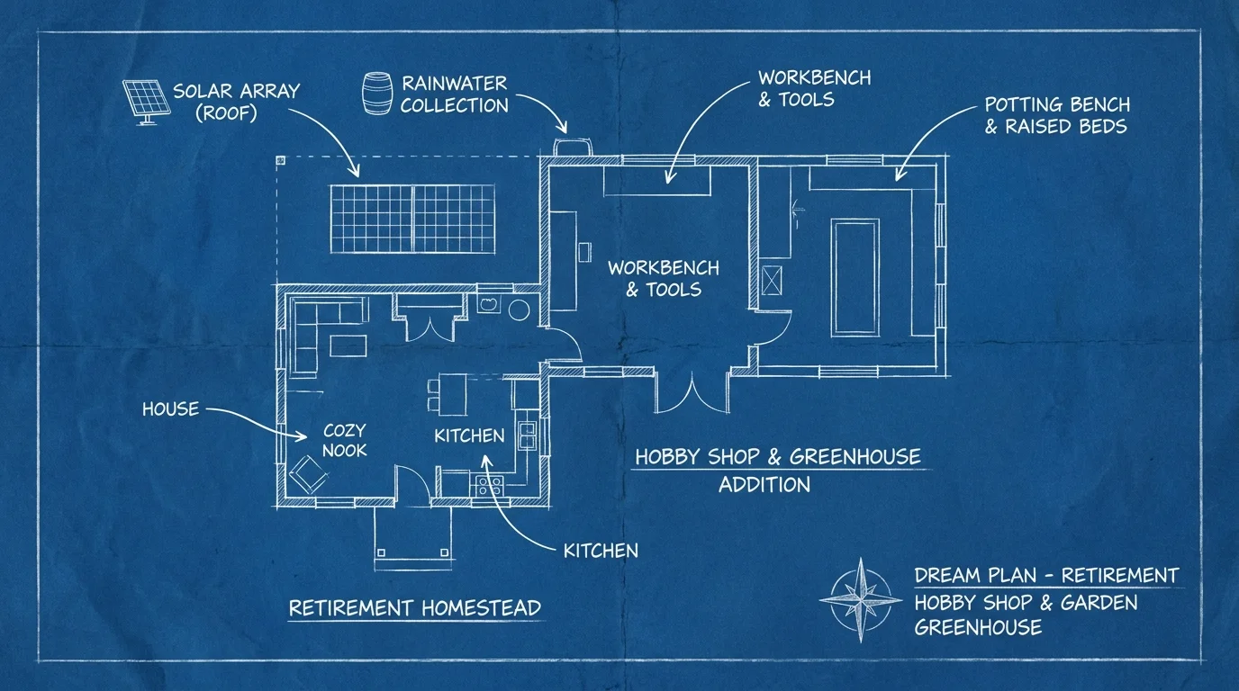 An architectural blueprint sketch of a rural retirement home with a workshop and greenhouse.