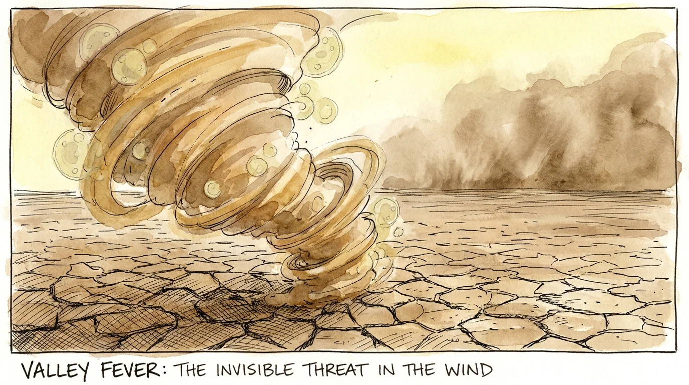 An artistic illustration of swirling desert dust and wind, subtly suggesting the presence of airborne spores.