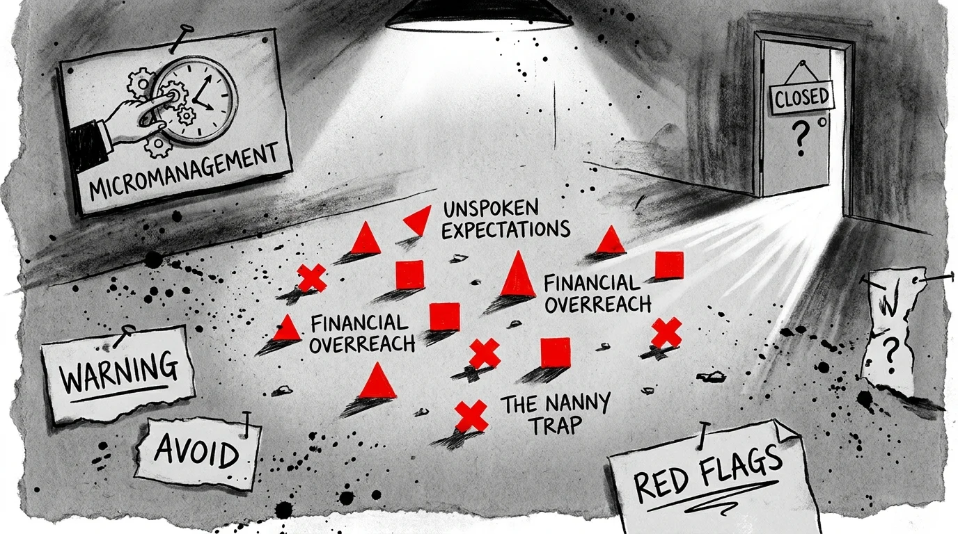 An editorial illustration of warning signs and red shapes labeled 'Unspoken Expectations' and 'Financial Overreach.'