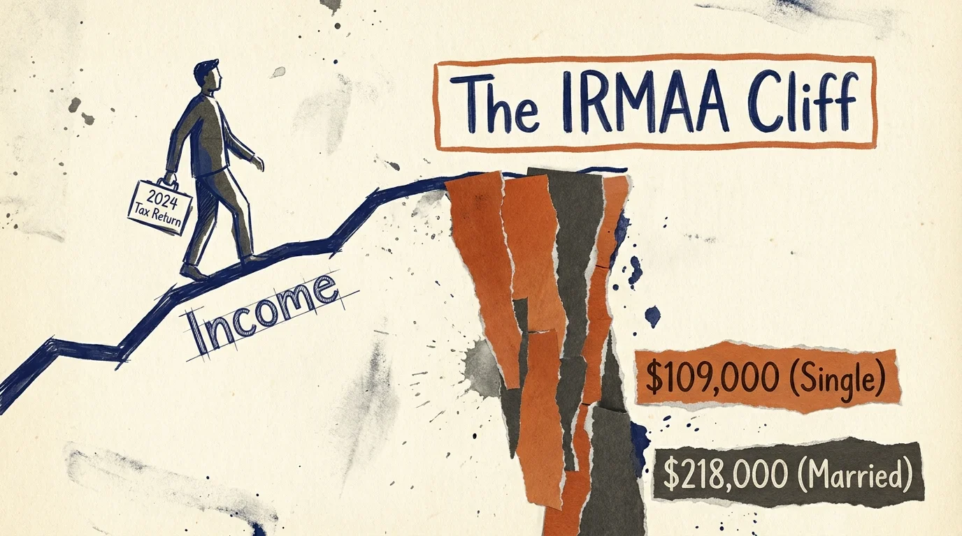 An editorial illustration showing a figure walking toward a sharp drop-off labeled 'The IRMAA Cliff' at specific income markers.