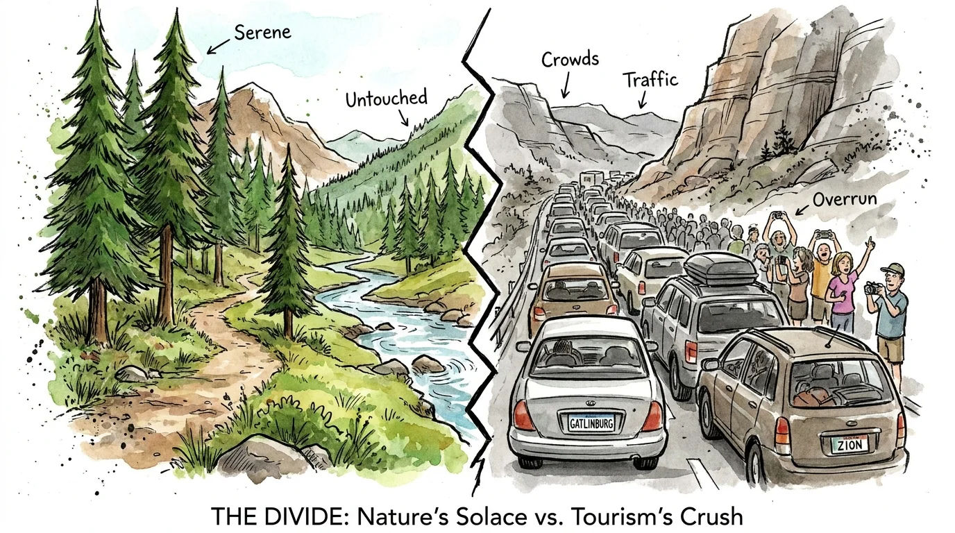 An editorial illustration showing a split view of a peaceful trail versus a crowded, traffic-filled gateway town.