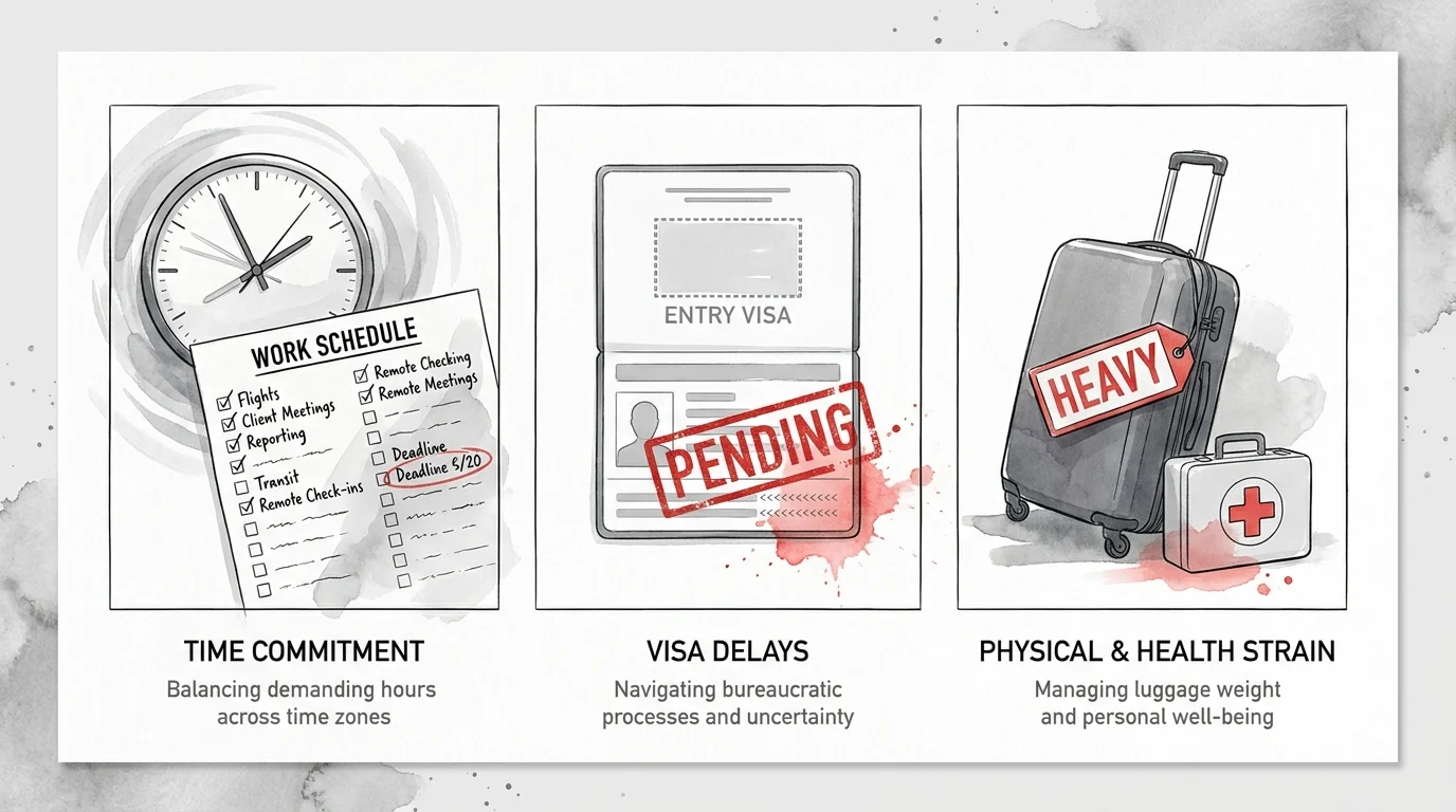 An editorial illustration showing a work schedule, a visa document, and a medical kit to represent travel job pitfalls.