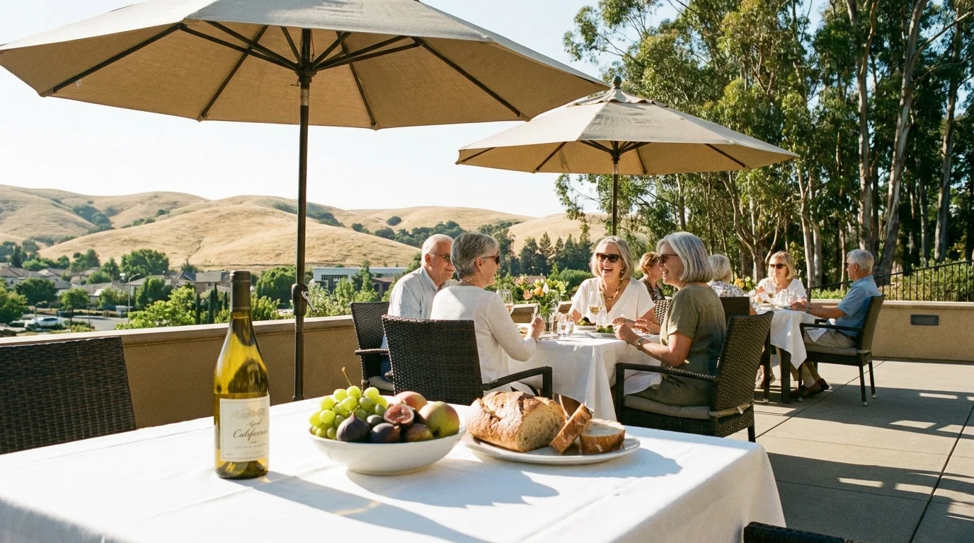 An elegant outdoor dining terrace with residents enjoying lunch overlooking California hills.