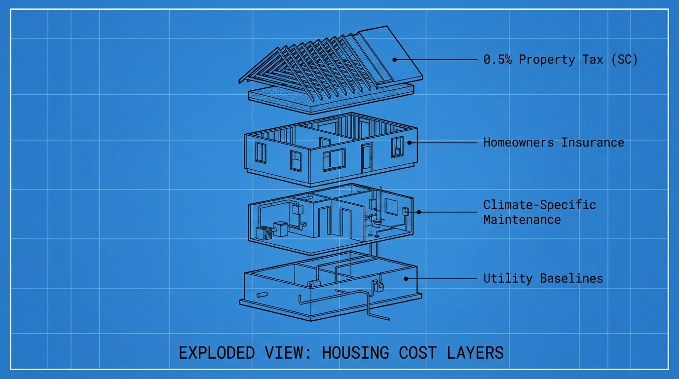 An exploded view diagram of a house with labels for taxes, insurance, and maintenance costs.