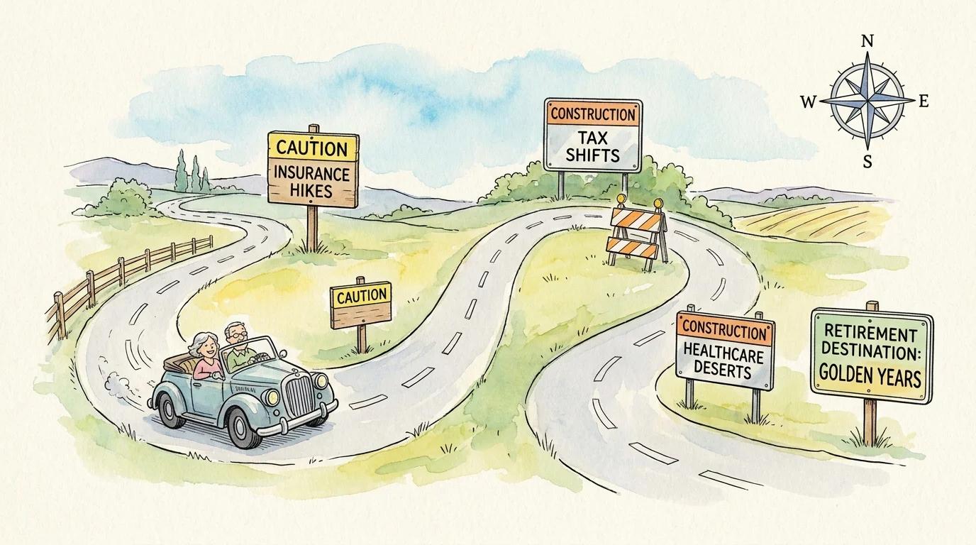 An illustrated map showing a retirement road with caution signs for taxes, insurance, and healthcare.