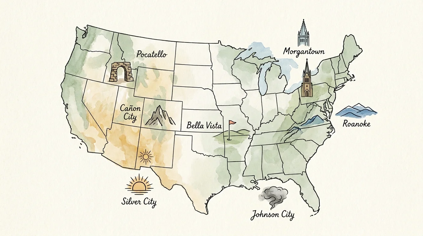 An illustrated map showing the seven featured mountain towns across the United States with small representative icons.
